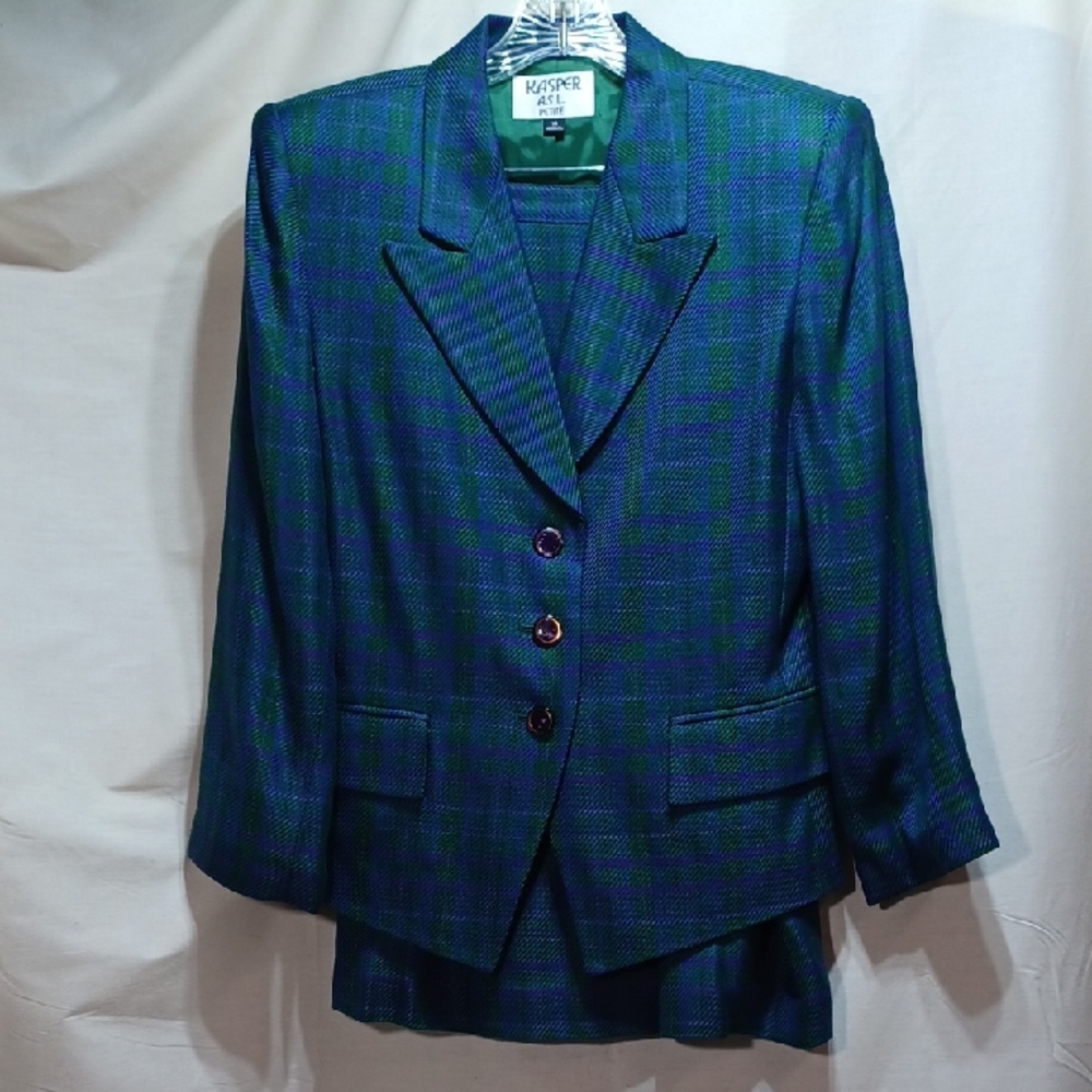 Kasper Women's Skirt Suit 14 Petite Green Purple Plaid Business